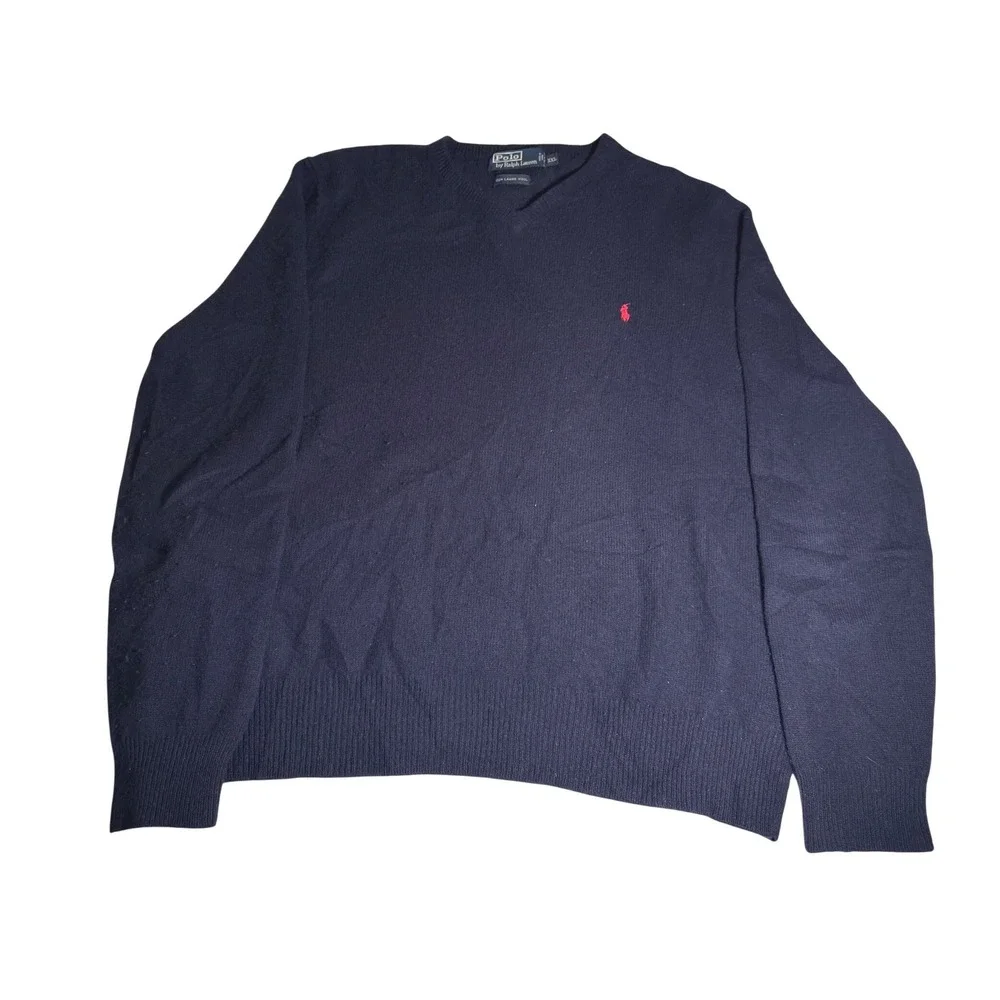 Polo Ralph Lauren Navy Blue V Neck Lambswool Sweater Mens XXL Classic Preppy